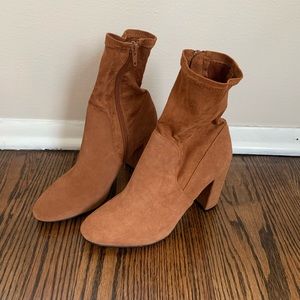Chinese Laundry “Kayla” Ankle Sock Booties -Cognac